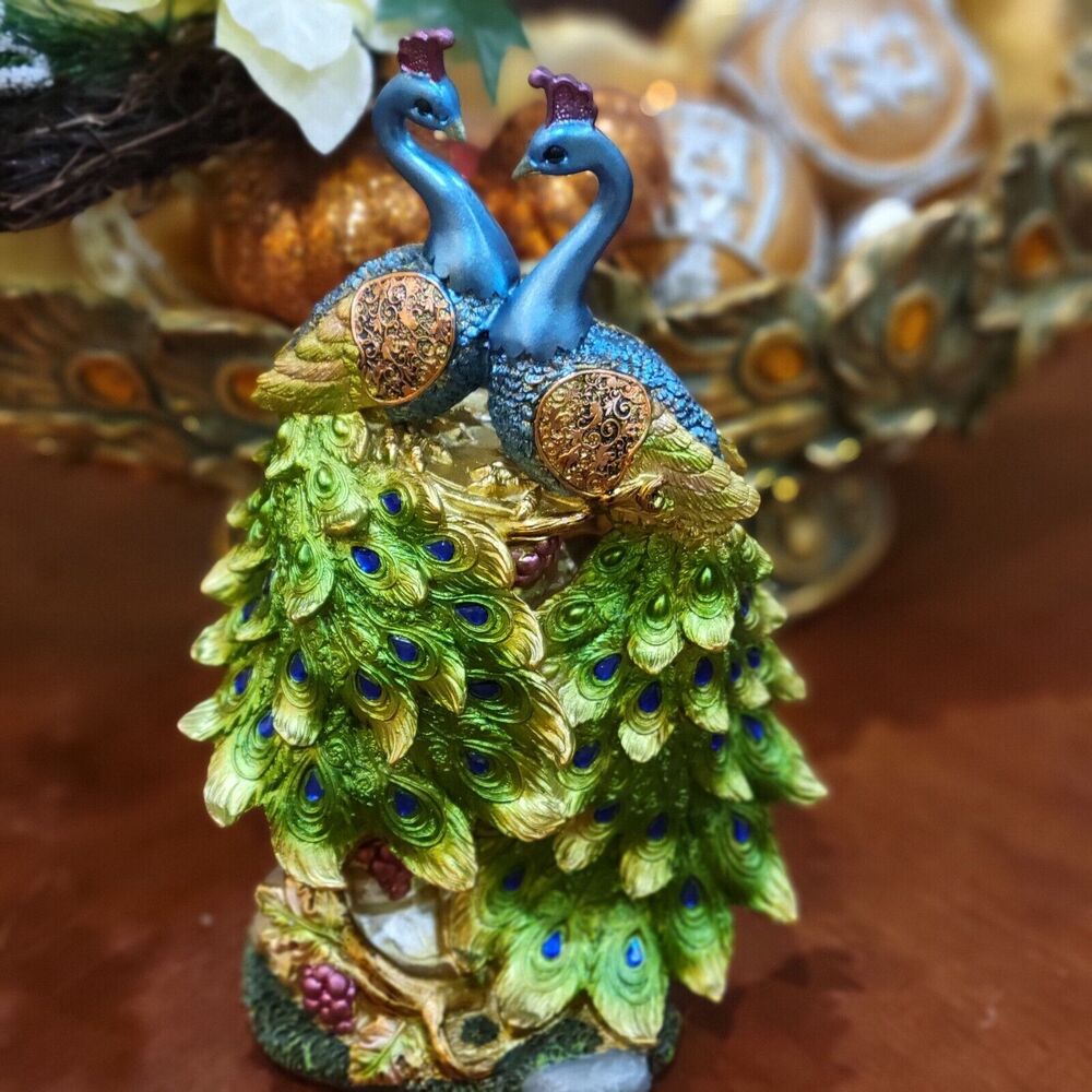 Two Peacock Statue Figurine Home Decor Bird Sculpture 11 x 7 inch handcrafted